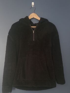Zara Black Plush Half-Zip Hooded Teddy Jacket